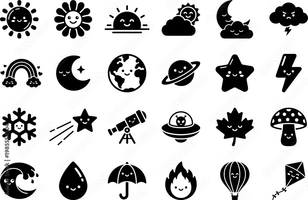 Fototapeta premium Adorable Kawaii Smiley Face Weather, Space, and Nature Solid Black Glyph Pictogram Icon Pack for Children's Graphic Design
