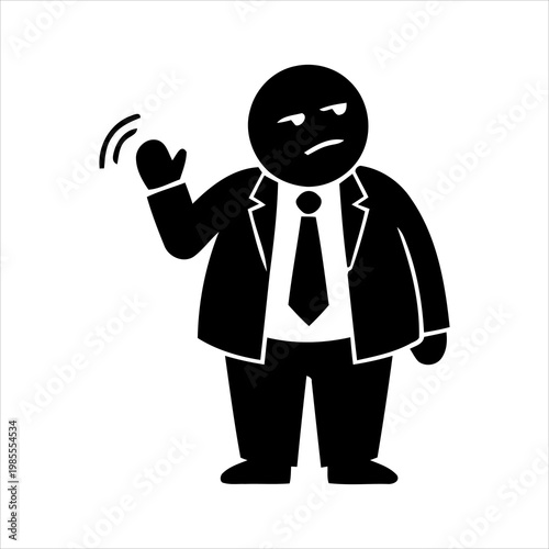 Grumpy businessman in a suit waving with a dissatisfied expression