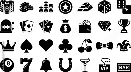 Premium Casino, Gambling, Betting, and Games of Chance Solid Black Glyph Pictogram Icon Pack for Las Vegas Apps and Poker Interfaces