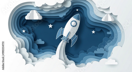 Paper cut rocket launching into starry sky layered clouds and abstract landscape concept for space exploration and startup business