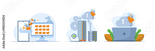 Set of flat vector illustrations for cloud storage, file download, secure database protection, data center systems, and digital file management technology concepts.