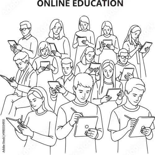Diverse group of students learning online with digital tablets in modern education concept