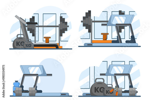 Set of cartoon treadmill, dumbbell, and fitness ball icons, fitness and exercise concept, premium isolated flat style, perfect for gym workouts, training plans, apps, and digital design.