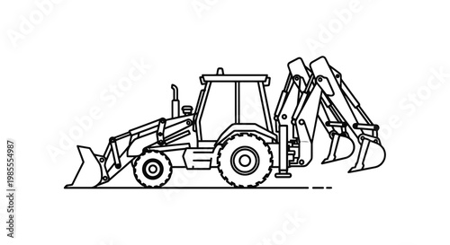 Backhoe loader illustration in vector format showcasing excavation and construction equipment for industrial and building design projects