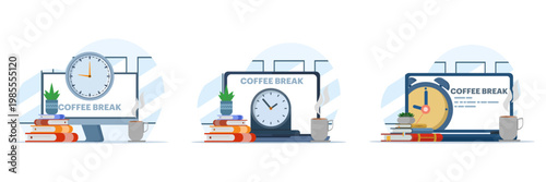 Foto Coffee break concept illustration set with office workers, focusing on wellness, stress relief, mental clarity, thinking process, and discovering new ideas in modern flat vector style