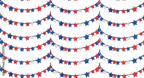 Seamless pattern of red white and blue star garlands festive decoration for patriotic holidays and celebrations isolated on white background