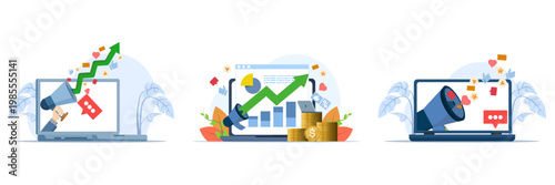 PR and marketing illustration set with targeting strategy, online advertising, journalism, and office workflow, showing successful digital business in flat design style.