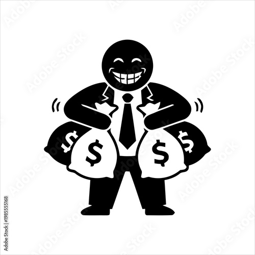 Joyful businessman holding bags of money, expressing immense financial success and prosperity