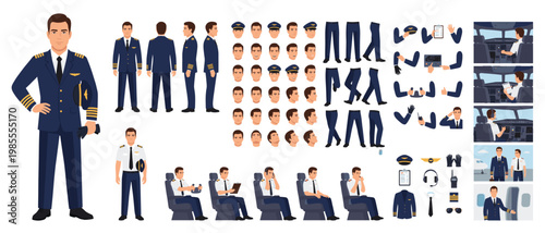 Male Airline Pilot Character Constructor Kit Vector – Professional Captain with Multiple Poses Expressions Cockpit Airplane Cabin and Aviation Accessories
