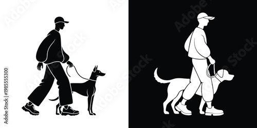Silhouette of a person walking a dog on a leash, depicted in contrasting colors.