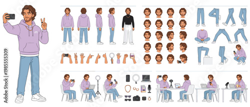 Male Content Creator Character Constructor Kit Vector – Casual Young Man with Multiple Poses Expressions Camera Ring Light Microphone and Studio Accessories
