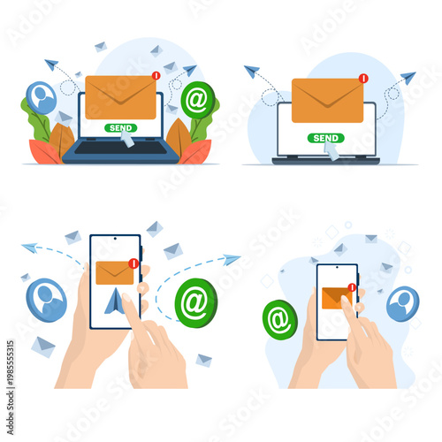 Email notification illustration set showing unread message alert, inbox reminder, and digital marketing communication concept, modern flat vector style.