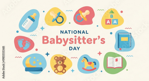 National Babysitters Day illustration with baby care icons celebrating childcare and family support perfect for social media and greeting cards