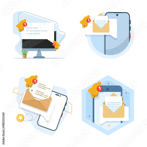 Set of new notification concepts displayed on device screen, featuring alerts, messages, and pop-up updates in clean flat vector UI style. flat design illustration on background.