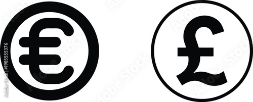 Black and white currency symbols for Euro and Pound Sterling in circular frames.