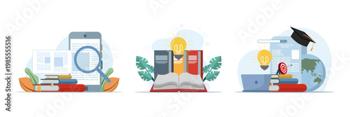 Education illustration set featuring reference books, library collection, knowledge concept, and literature resources, flat vector design for learning and academic themes.