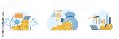 Marketing budget illustration set with advertising strategy, business management, startup planning, and financial allocation concept, clean flat vector design.