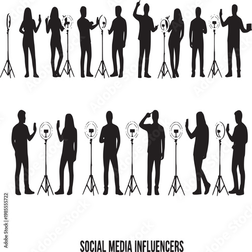 Silhouette of diverse social media influencers posing with smartphones on tripods for content creation