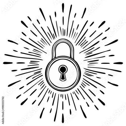 Vintage padlock radiates protective rays symbolizing security and protection