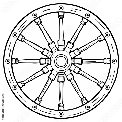Illustration of a traditional ship's wheel nautical helm in black and white line art style