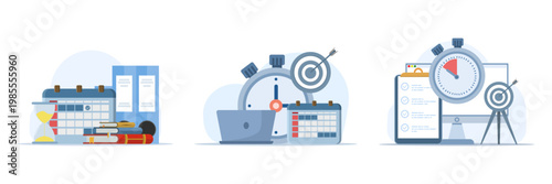 Time management illustration set with scheduling, deadline concept, planning and organizing tasks, flat vector banner design for workflow and productivity use.