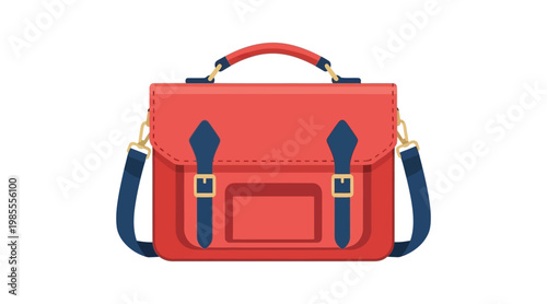 Flat of red satchel bag with navy blue accents red bag
