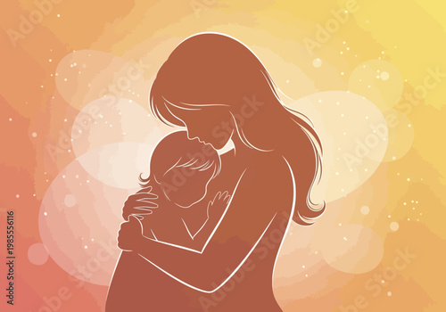 Silhouette of a loving mother embracing her child with tenderness and care.