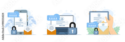 Authentication illustration set showing two-step verification, OTP code input, secure account login on laptop, and password protection concept, modern flat vector style.