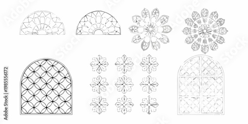 Variety of intricate arched and floral window designs in black and white