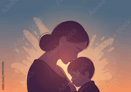 Tender Moment Between Mother and Child in Silhouette.