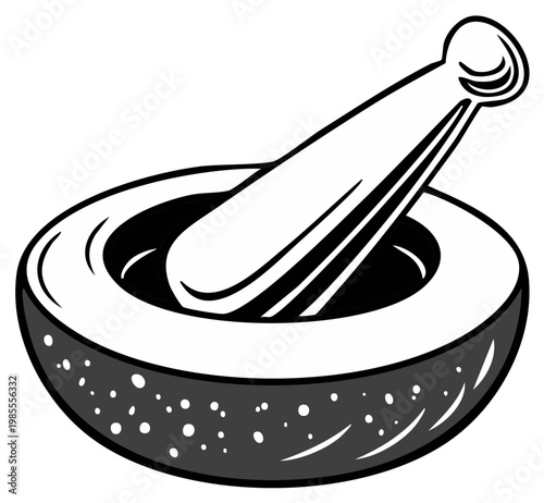 Mortar and Pestle Grinding Spices for Kitchen Food Preparation or Apothecary Herbal Remedies Black and White Icon