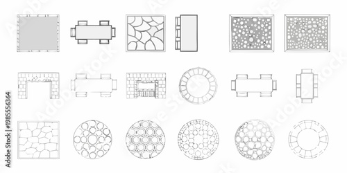 Assorted architectural details and geometric patterns in black and white
