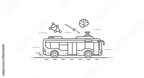 Autonomous electric bus with AI brain and data network line art design for futuristic urban transportation and smart city concept