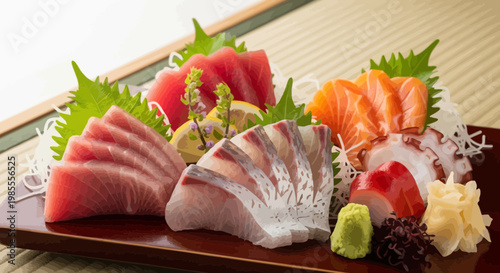 Assorted sliced raw fish sashimi platter with tuna salmon and yellowtail on a wooden plate cartoon style
