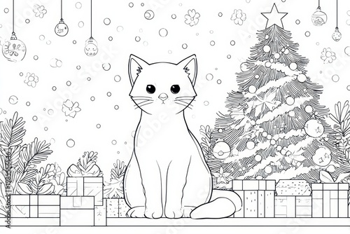Cute Cat by a Christmas Tree Coloring Page for Kids and Adults