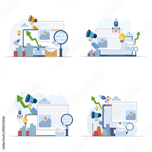 Digital marketing agency illustration set with media campaign concept, icons, online advertising, and branding strategy in clean flat design style.
