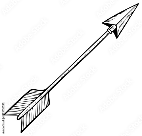 Hand drawn arrow illustration pointing upwards and to the right with detailed fletching