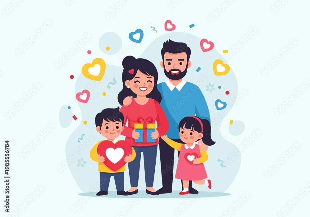 Fototapeta premium Happy family celebrating special occasion with gifts and hearts.