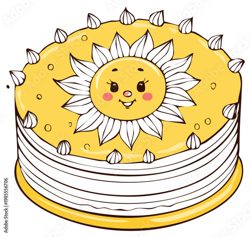 Wallpaper Mural Cheerful cartoon cake decorated with a smiling sunflower, perfect for a celebration or party. Torontodigital.ca