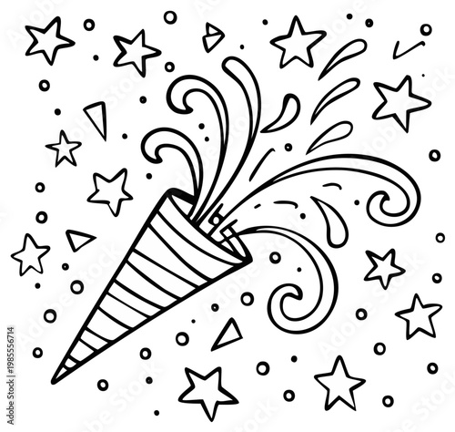 Wallpaper Mural Party Time Fun Confetti and Stars Bursting From Festive Cone Celebration Doodle Black and White Torontodigital.ca
