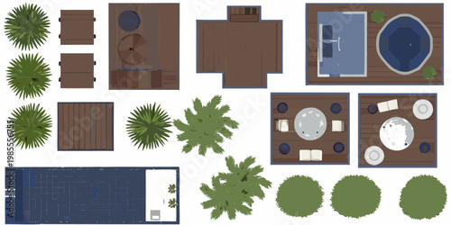 Aerial view of various outdoor spaces and furniture arrangements