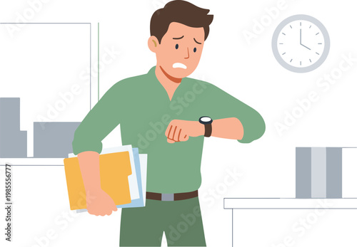Man in office looks worried while checking watch and holding files.