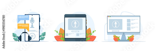 Set of podcast concepts featuring cursor arrow clicking subscribe button, showing online audio content, streaming platforms, and user engagement actions. flat vector illustration.
