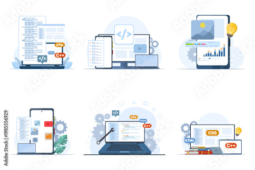 Web development illustration set featuring programmers, coding, HTML, CSS, UI design, and IT concept, flat vector banner style for websites and tech themes.