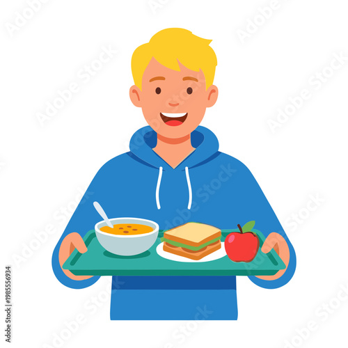 A smiling man holds a tray with food and soup in a cafeteria setting.