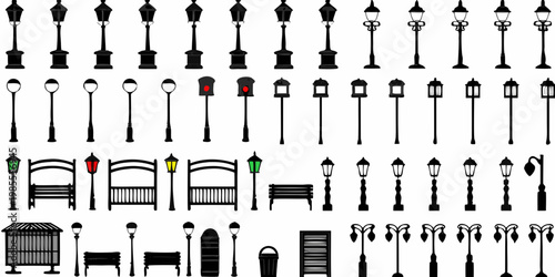 Collection of black and white street lamps benches and urban elements