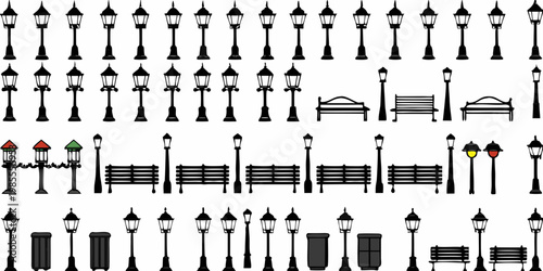 A collection of black street lamps benches and other park elements