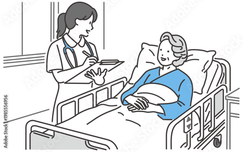 入院中の高齢者と笑顔で話す看護師のベクターイラスト