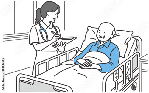 入院中の高齢者と笑顔で話す看護師のベクターイラスト
