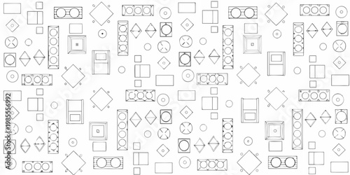 An abstract arrangement of various black and white geometric shapes